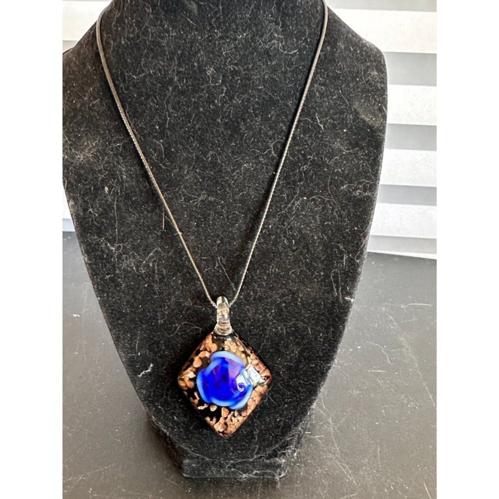 Millefiori Style Blue Glass Pendant Necklace Murano Style Flower Art Jewelry
